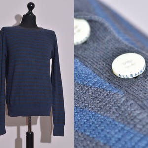 AllSaints Sweater Mens Knit Button Striped Cotton Blue Gray Florin Crewneck Sz L