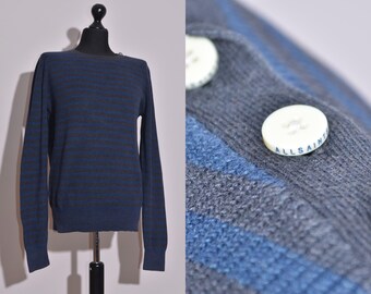 AllSaints Pullover Herren Strickknopf Gestreifte Baumwolle Blau Grau Florin Rundhalsausschnitt Sz L