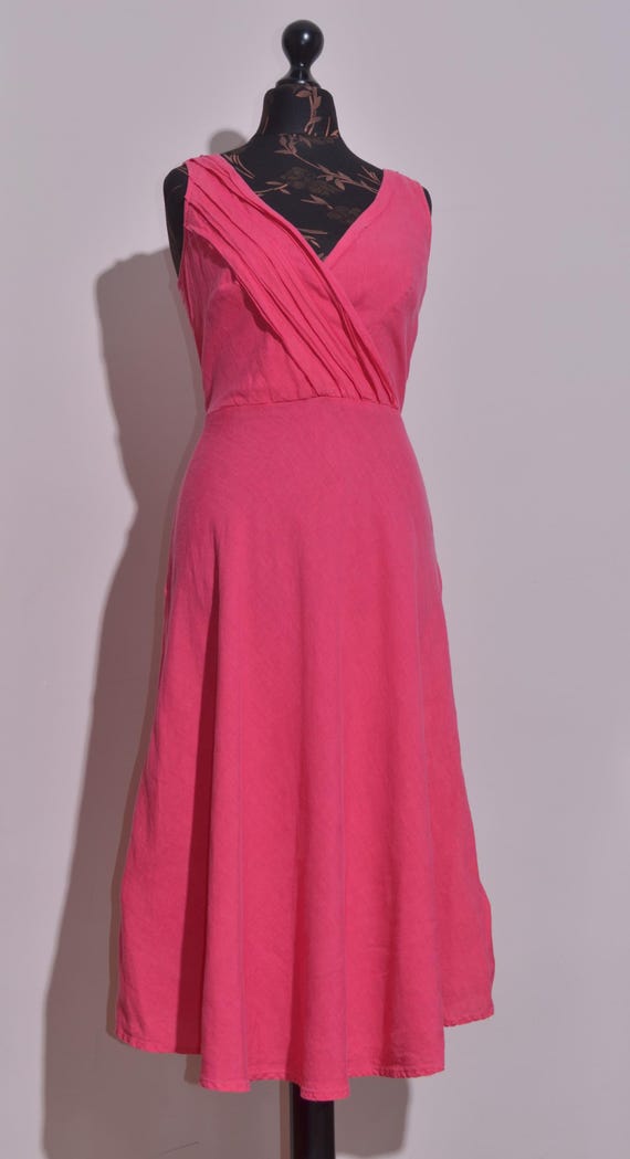120% Lino Made in Italy Pink Linen Sleeveless V-Neck Midi Dress Womens It 40