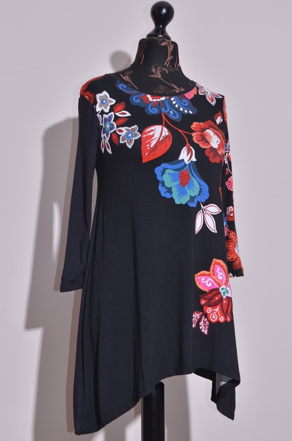 Desigual Womens Black Long Sleeve Dress Flower Print Size S