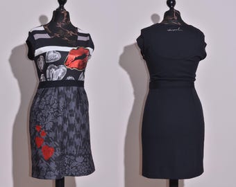 Desigual Women's Short Sleeve Dress Black Floral Pattern Striped Size M