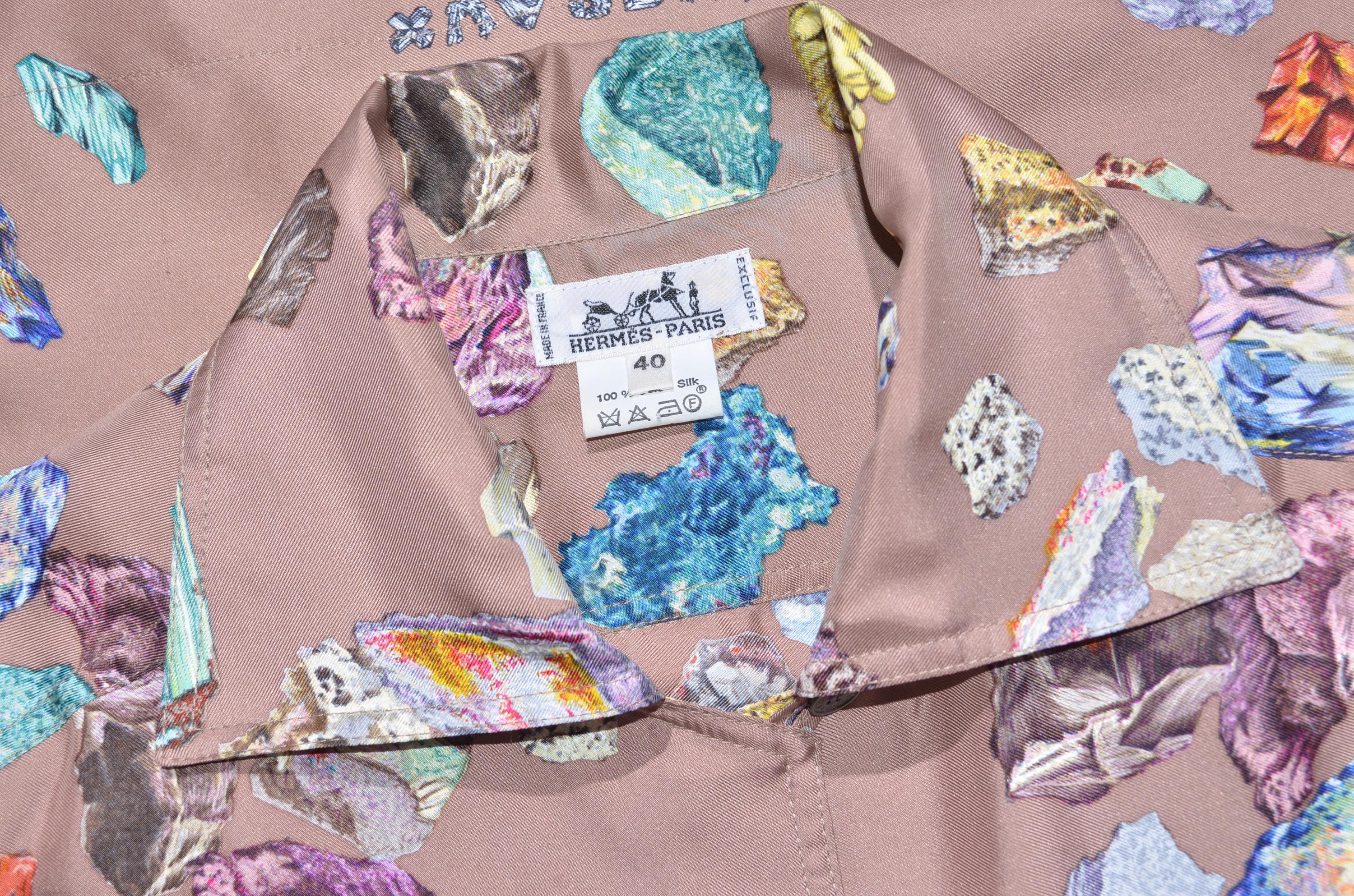 HERMÈS 半袖シルクトップス40 Vintage 90's Hermes Mineraux Silk Shirt/blouse Short Sleeve