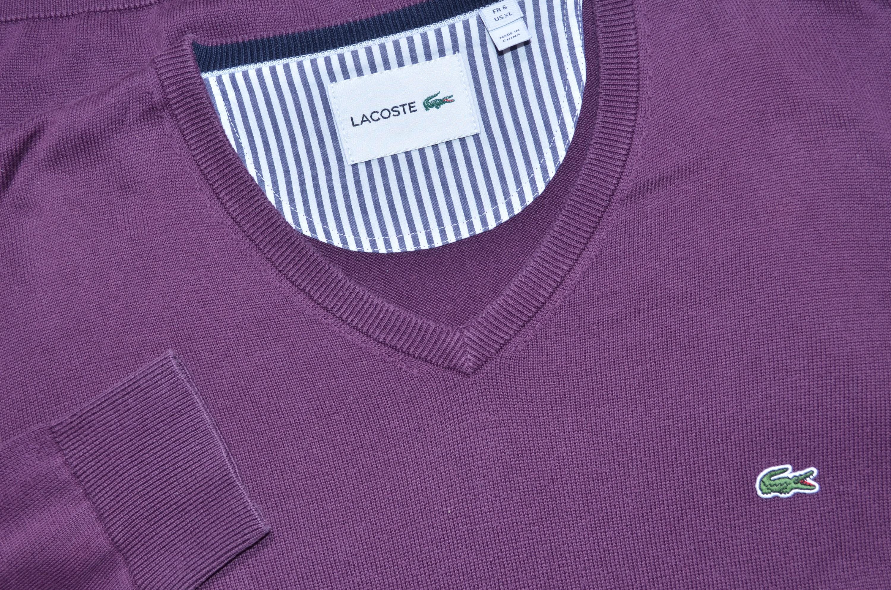 Lacoste Men's Purple V-neck Sweater Long Sleeve Cotton Knit