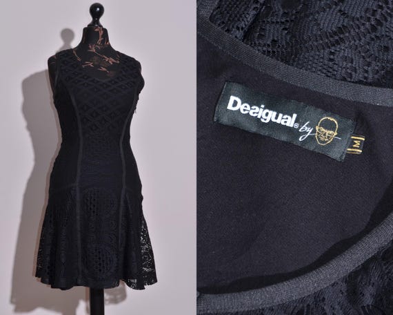 desigual black lace dress Desigual by Christian Lacroix Collab Black Lace Fit and Flare Zip Dress, S