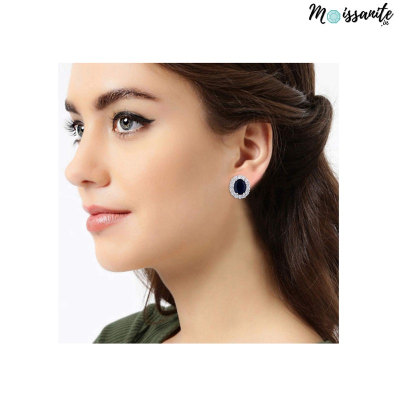 Blue Sapphire Halo Moissanite Earrings September Birthstone Earrings Tiny Genuine Oval Sapphire Studs Earrings Halo Earrings Bridal Earrings