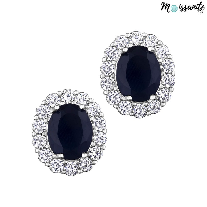 Blue Sapphire Halo Moissanite Earrings September Birthstone Earrings Tiny Genuine Oval Sapphire Studs Earrings Halo Earrings Bridal Earrings