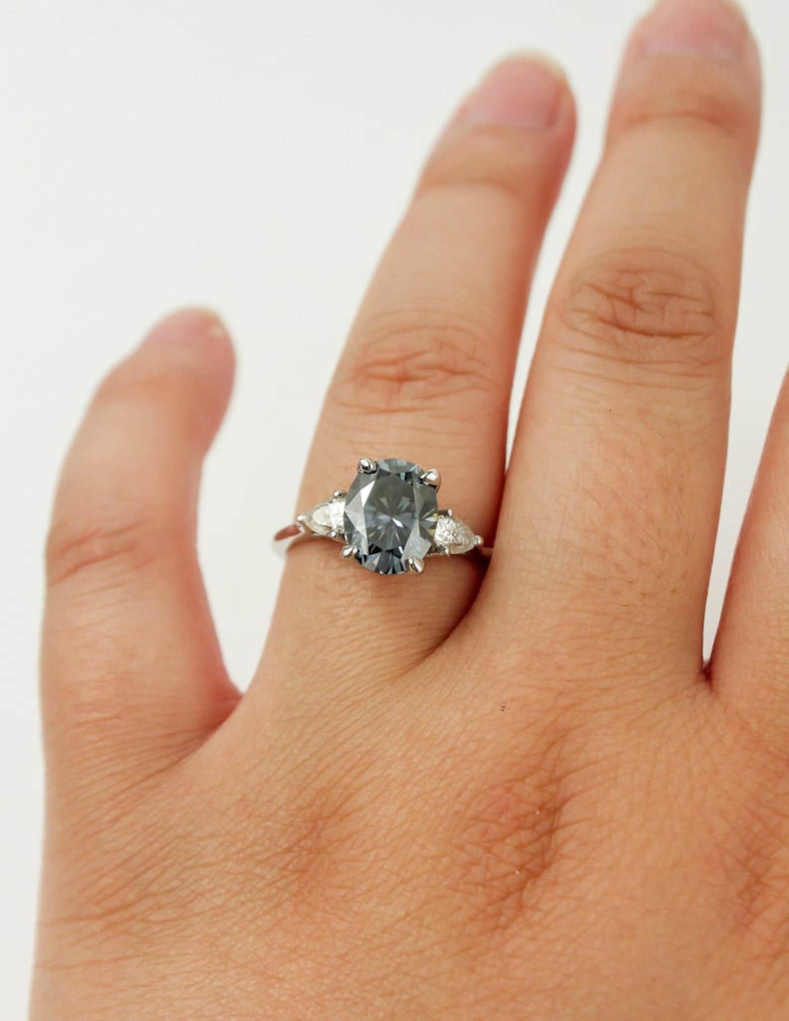 Grey Moissanite Engagement Ring Dark Gray Oval Cut Real Etsy