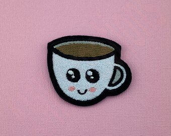 Parche bordado de taza de café/Aplique termoadhesivo, fabricado en EE. UU.