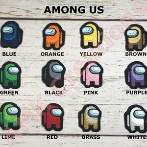 Könnte beinhalten: Ein Set mit 12 Bügelbildern mit den Among Us-Charakteren in verschiedenen Farben, darunter Blau, Orange, Gelb, Braun, Grün, Schwarz, Rosa, Lila, Limette, Rot, Messing und Weiß.