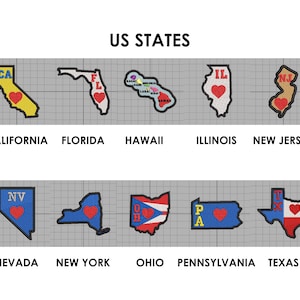 Könnte beinhalten: Eine Grafik, die die Umrisse von 10 US-Bundesstaaten mit einem Herzen in der Mitte jedes Bundesstaates zeigt. Die Bundesstaaten sind Kalifornien, Florida, Hawaii, Illinois, New Jersey, Nevada, New York, Ohio, Pennsylvania und Texas.