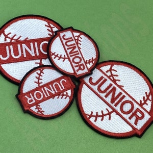 May include: Four white and red baseball-themed patches with the word "JUNIOR" embroidered in red on each patch.