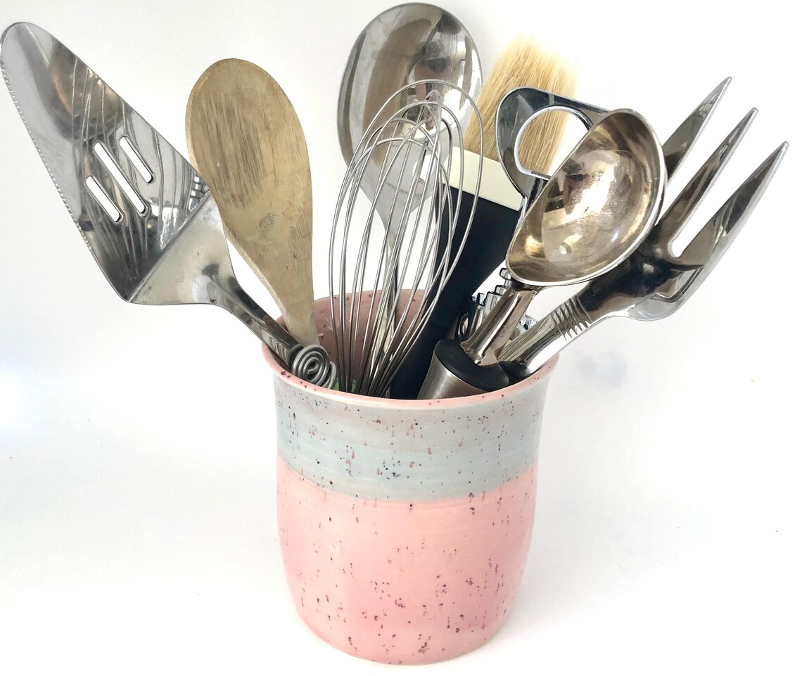 Speckled Pink Utensil Holder Kitchen Utensil Crock Pink Etsy