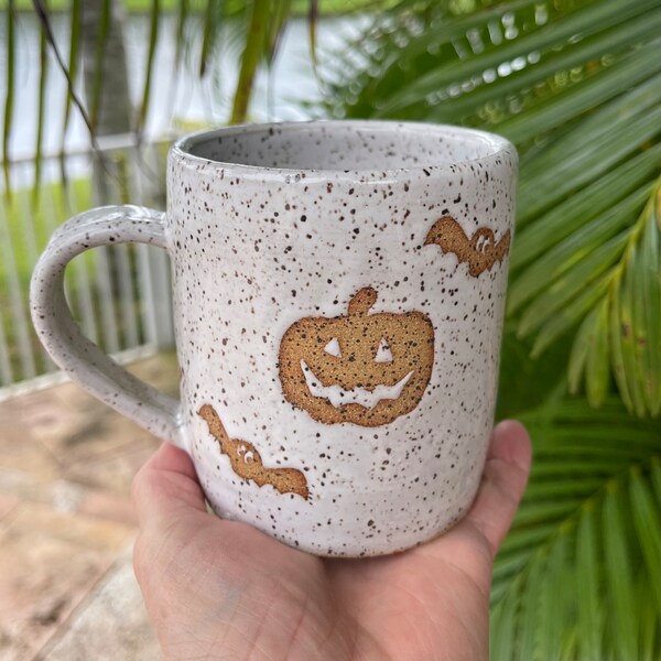 Halloween Jack-o'-Lantern Mug, White Speckled Ghost Mug, Spooky Handmade Teacup with Bats