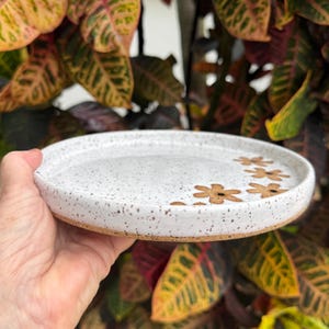 May include: A round ceramic plate with a white speckled glaze and a brown clay base. The surface of the plate features a decorative pattern of small, brown, hand-painted flowers arranged along the right side of the interior rim.