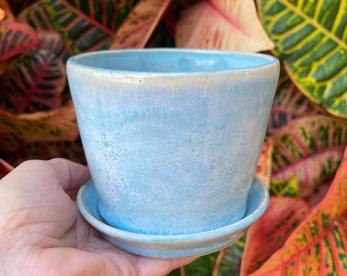 Ceramic Planter and Saucer, Succulent Plant Pot With Drainage, Hand Painted in Ocean Blue and