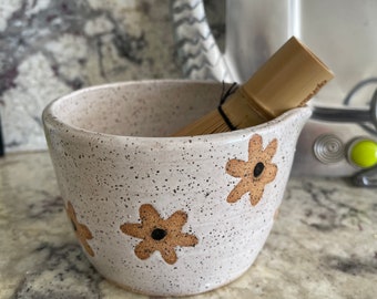 Wildflower Matcha Bowl, Small Mixing Bowl with Spout, White Speckled Prep Bowl