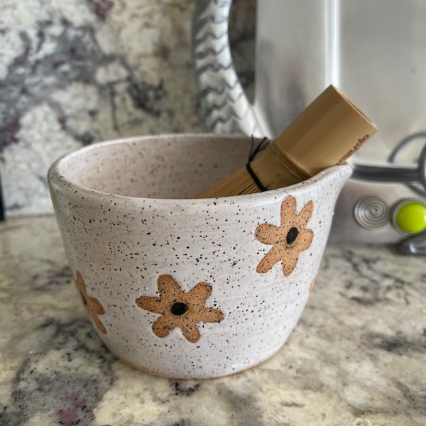 Wildflower Matcha Bowl, Small Mixing Bowl with Spout, White Speckled Prep Bowl