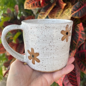 Ceramic Wildflower Mug, White Speckled Coffee Mug, Large Handmade Floral Teacup