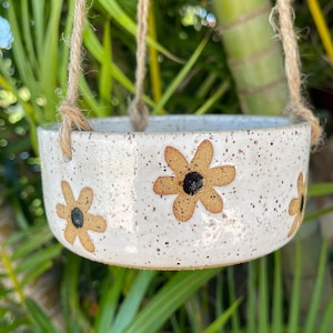 Wildflower Hanging Planter, White Speckled Hanging Plant Pot,  Handmade Ceramic Flowerpot with Drainage