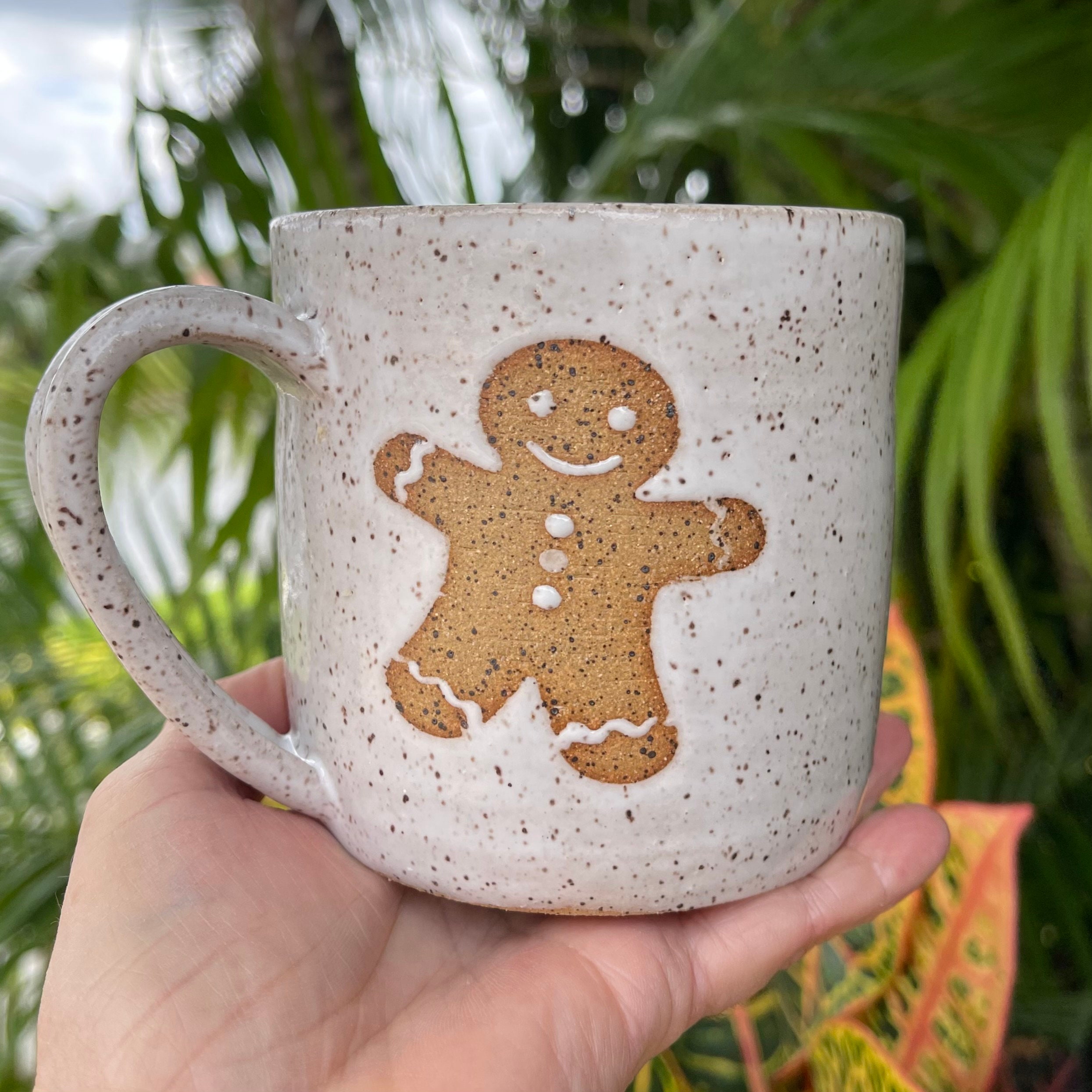 Gingerbread Man Coffee Mug, White Speckled Ceramic Mug, Rustic