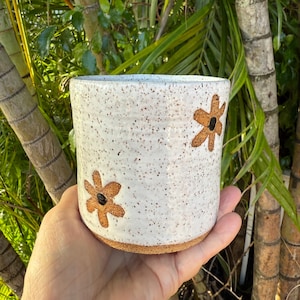 Handmade Ceramic Wildflower Cup: Modern Farmhouse Coffee Mug, Speckled White Glaze