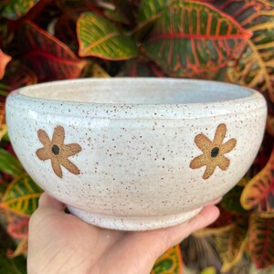 Wildflower Pottery Bowl, White Speckled Soup or Salad Bowl, Modern Farmhouse Hostess Gift