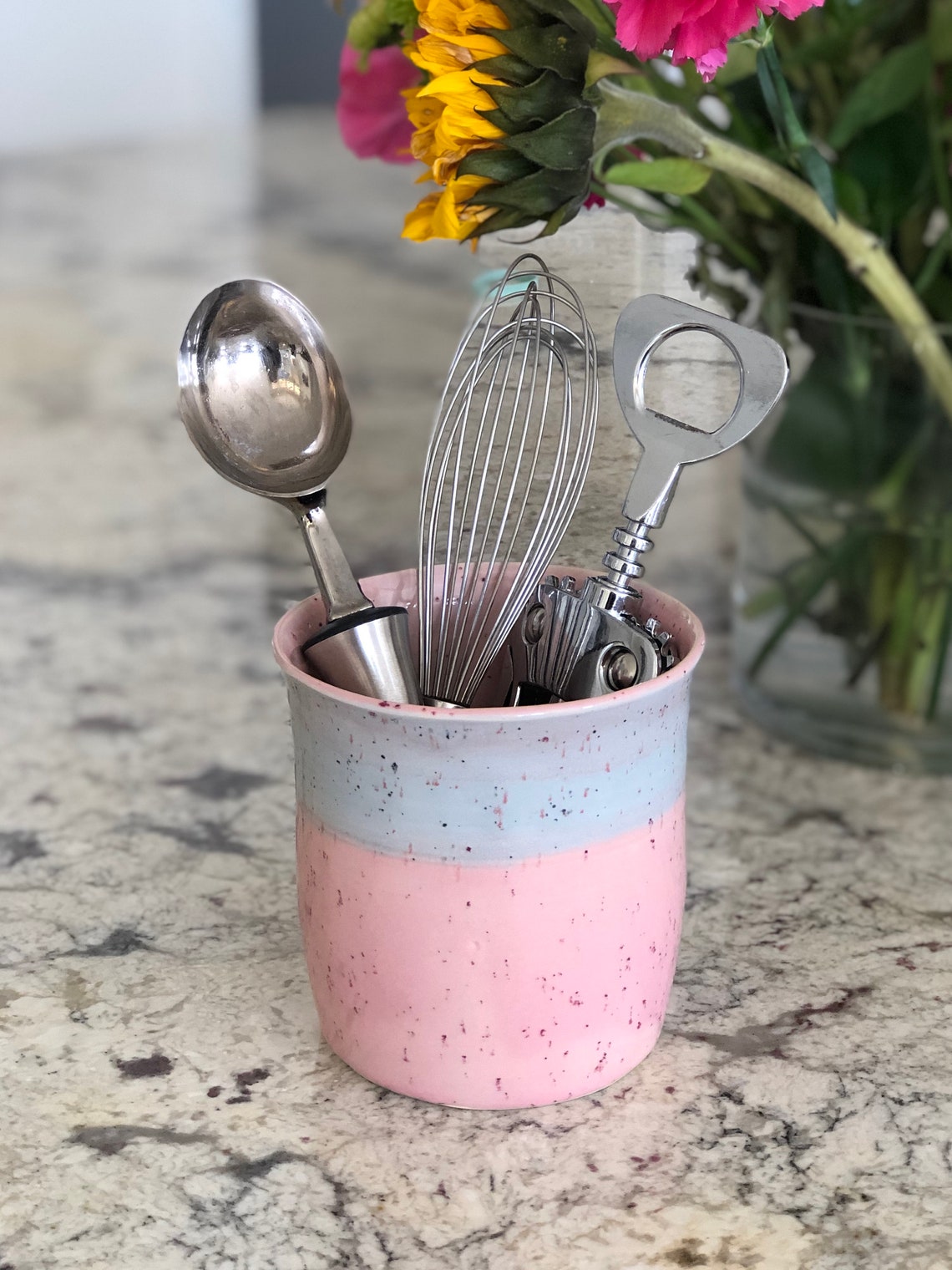 Speckled Pink Utensil Holder Kitchen Utensil Crock Pink Etsy