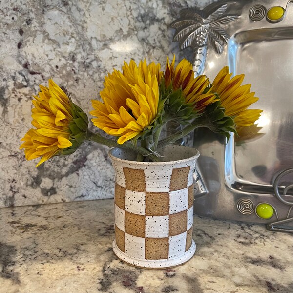 Checkered Flower Vase, Pen or Pencil Cup, Handmade Mother's Day Gift