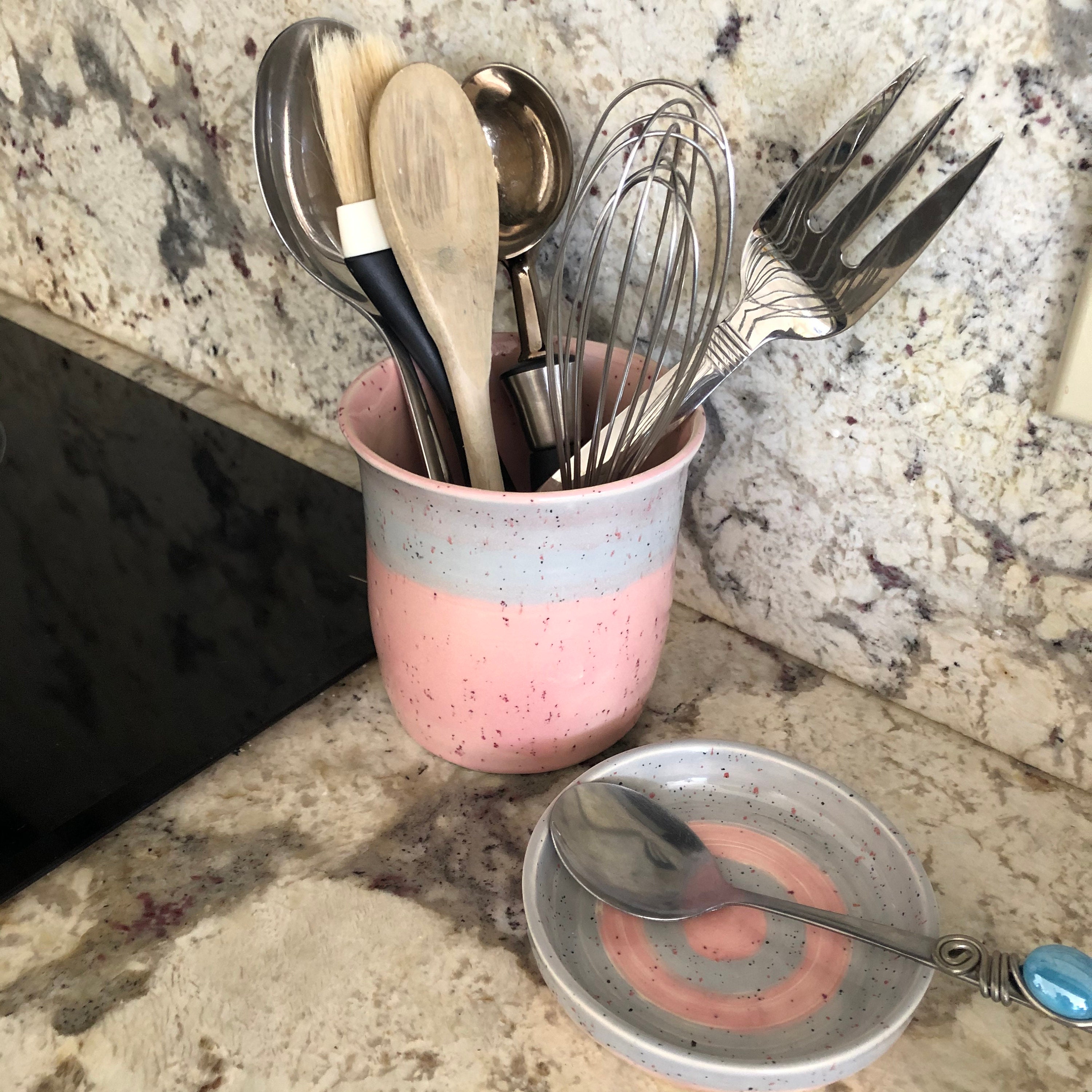 Speckled Pink Utensil Holder Kitchen Utensil Crock Pink Etsy