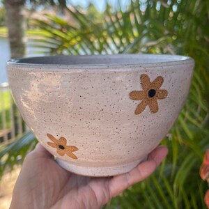 Wildflower Pottery Bowl, White Speckled Salad Bowl, Modern Farmhouse Housewarming Gift