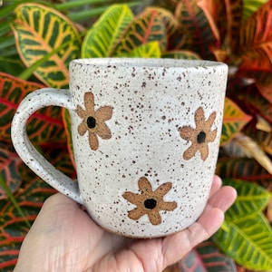 Ceramic Wildflower Mug, White Speckled Coffee Mug, Large Handmade Floral Teacup