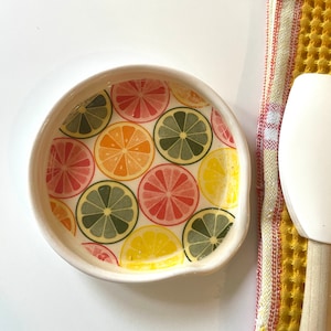 Lemon Slices Spoon Rest, Ceramic Utensil Holder, Colorful Coffee Bar Rest, Unique Hostess Gift