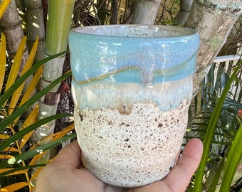 Ceramic Coastal Tumbler, Stemless Ceramic Wine Glass, Wavy Handmade Mug
