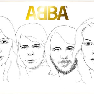 Puede incluir: Dibujo en blanco y negro de los cuatro miembros del grupo pop sueco ABBA. El nombre del grupo está escrito en letras doradas sobre el dibujo.