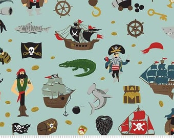 Pirate Tales 100% Baumwolle Halbmeter - Piratenschiffe, Meer, Schatz, JungenKind Baby blau Quiltstoff von Riley Blake - Vellana UK