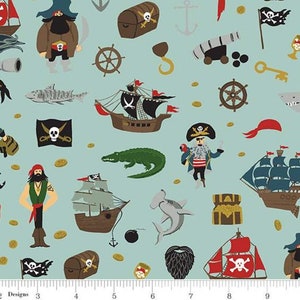 Pirate Tales 100% Cotton Half Metre - Pirate ships, sea, treasure, boys child baby blue quilting fabric by Riley Blake - Vellana UK