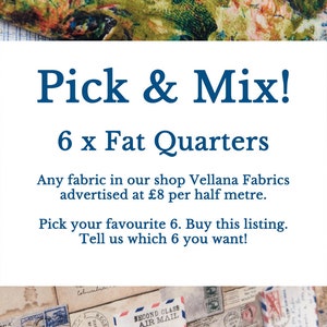 Pick and Mix Fat Quarter Stoffpaket - 6 x Designer Baumwolle FQ Bundle UK - verkauft von Vellana Blue Fabrics UK