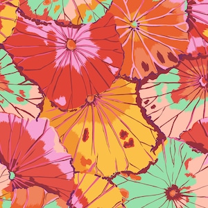 May include: A colorful abstract pattern of overlapping flower shapes in shades of pink, red, orange, yellow, and green.