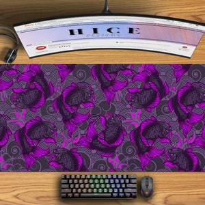 Purple Koi Fish Desk Mat, Japanese Desk Mat Extra Large with Multiple Size Options, Keyboard Wrist Rest, Large Gaming Desk Pad