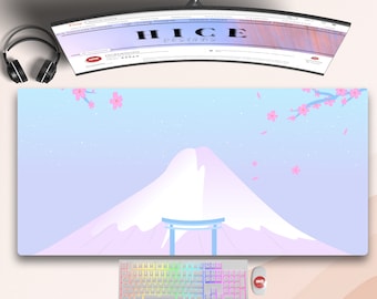 Pastel Blue Japan Mount Fuji Cute Desk Mat, LoFi Gaming Desk Mat Extra Large , Cute Kawaii Accessories, Large Gaming MousePad, Cute Mousepad
