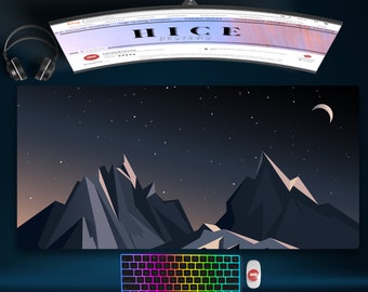 Mountain Rock Illustration Landscape Black Desk Mat Extra Large, Desk Mat Cute, Extended Mouse Pad, Gaming Keyboard Mat, Gaming Mousepad