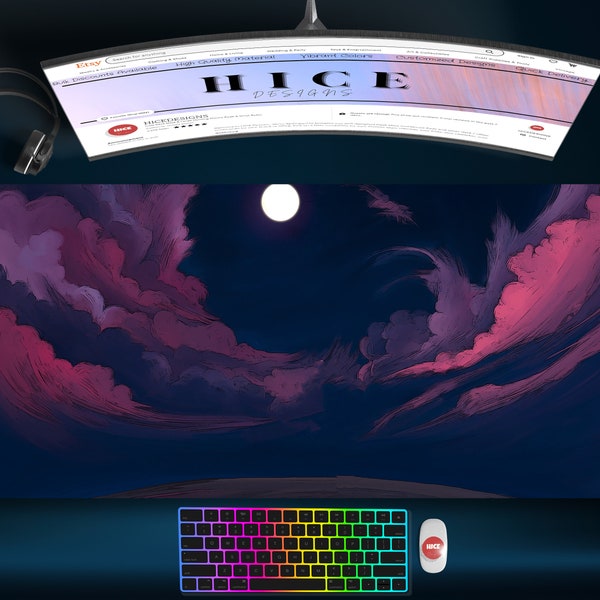 Moon Light in a Cloudy Night Sky Desk Mat, cute Desk Mat, Anime Sky Desk Mat, Desk Mat Extra LArge, Large Mouse Pad Anime, Dark Desk Mat