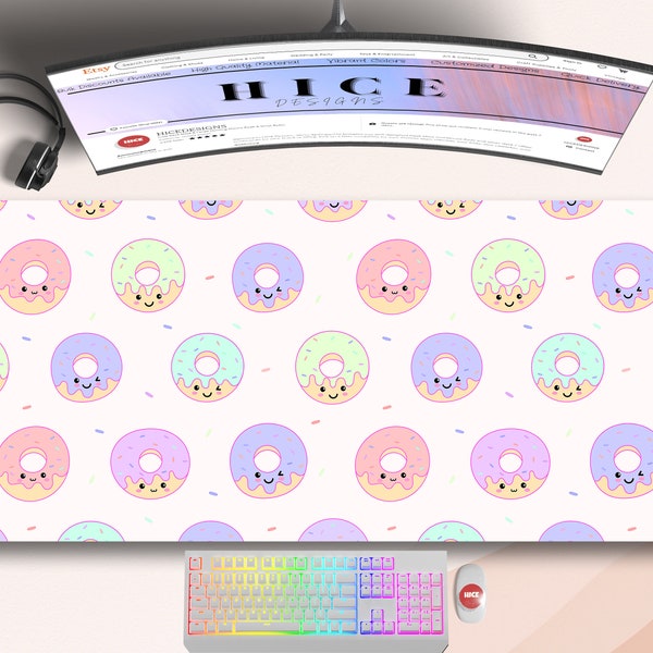 Cute Kawaii Doughnuts Large Gaming Desk Pad, Gamer Girl Desk decor, Cute Desk Mat, Gamer Girl Kawaii Setup, XXl Gaming Mouse Pad, cute Desk