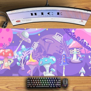 Kawaii Purple Magic Mushroom Planet Large Desk Mat, Extended Mouse Pad, Gaming Desk Pad Extra Large Mouse Pad With Wrist Rest Kawaii