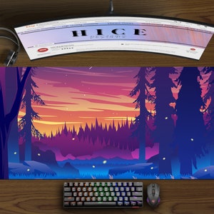 Cool Sunset in forest Large Gaming Desk Pad, Landscape Desk Mat, Extra Large desk Mat, Cute Desk Mat, Large Keyboard Mat with Wrist Rest