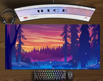 Cool Sunset in forest Large Gaming Desk Pad, Landscape Desk Mat, Extra Large desk Mat, Cute Desk Mat, Large Keyboard Mat with Wrist Rest