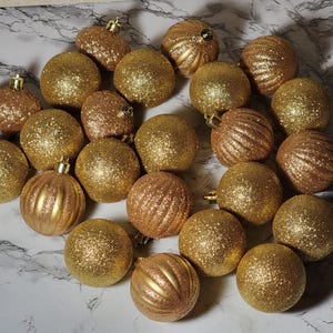 Lot of 23 Vintage Shatterproof Gold Glitter Christmas Ball Ornaments mix of styles