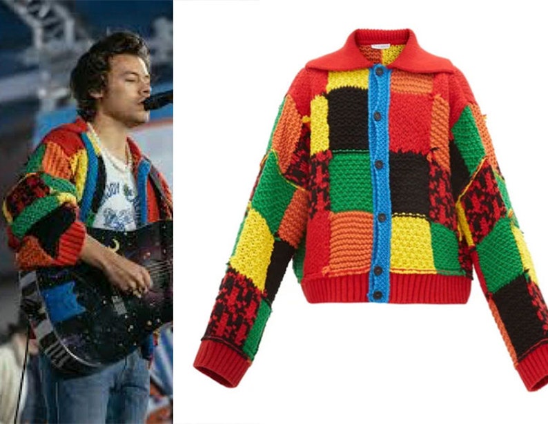 Harry Styles Cardigan Patchwork Rainbow Hand-Knit Inspired By JW Anderson