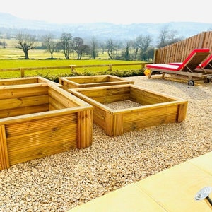 May include: Three wooden raised garden beds in a backyard with a view of a green field and hills in the distance. The beds are made of natural wood and have a rustic look.