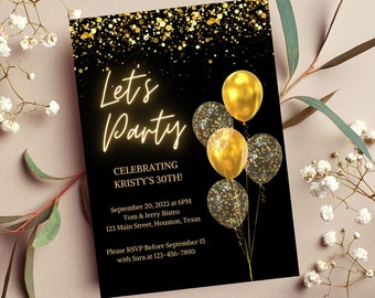 Editable Black and Gold Birthday Invitation, Let's Party Gold Balloons Confetti Invite, Printable Custom Template Download